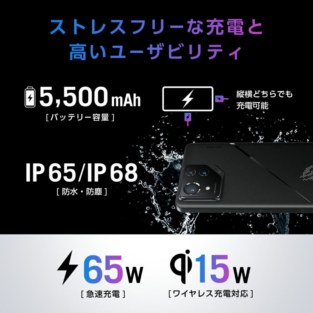 ゲーミング SIMフリースマートフォン ASUS ROG Phone 8 Pro メモリ16GB ストレージ 512GB 6.78型 AMOLED Qualcomm Snapdragon 8 Gen3 防水防塵  IP65 IP68 5000万画素 Android 14 5G FeliCa おサイフケータイ クリアケース付き ROG8P-BK16R512 - 画像 (6)